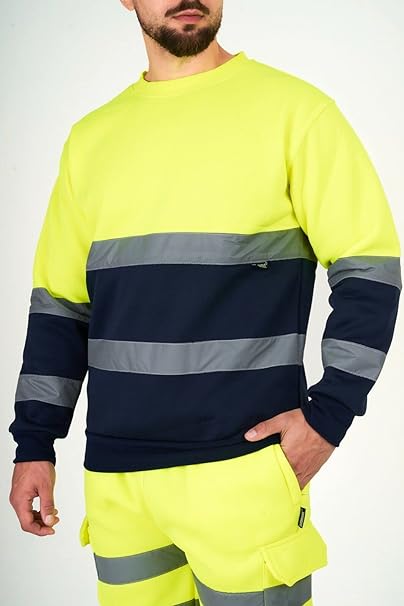 Men’s Hi Vis Work Safety Fleece Jumpers Two Tone Crew Neck Sweatshirt Security Workwear Pullover Top